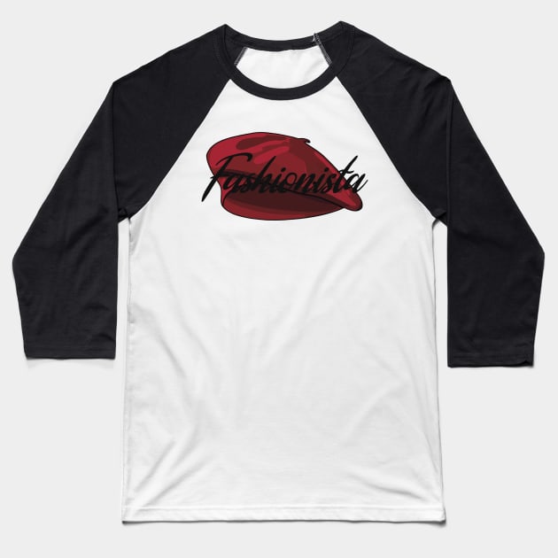 Red French Beret with the word 'Fashionista' in it Baseball T-Shirt by Fruit Tee